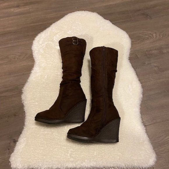 Brown Suede Tall Wedge Boots - Picture 1 of 7